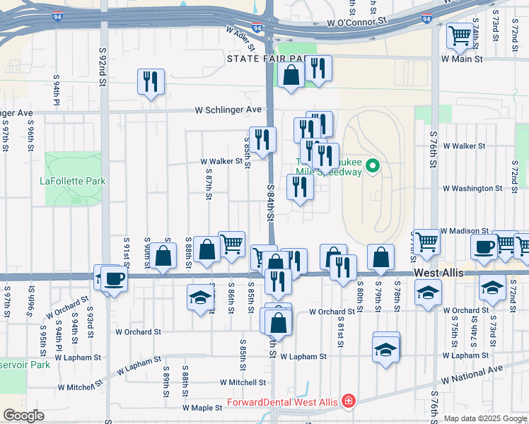 map of restaurants, bars, coffee shops, grocery stores, and more near 1041 South 84th Street in West Allis