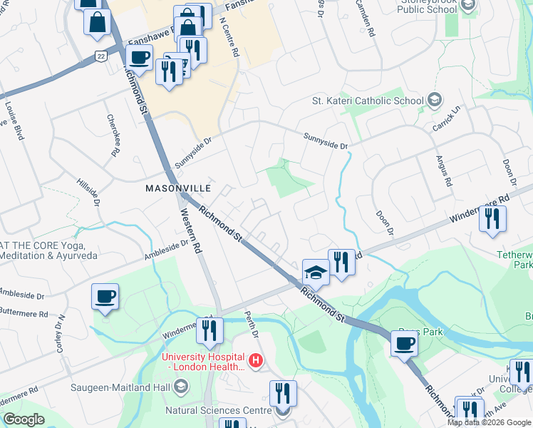 map of restaurants, bars, coffee shops, grocery stores, and more near 1510 Richmond Street in London