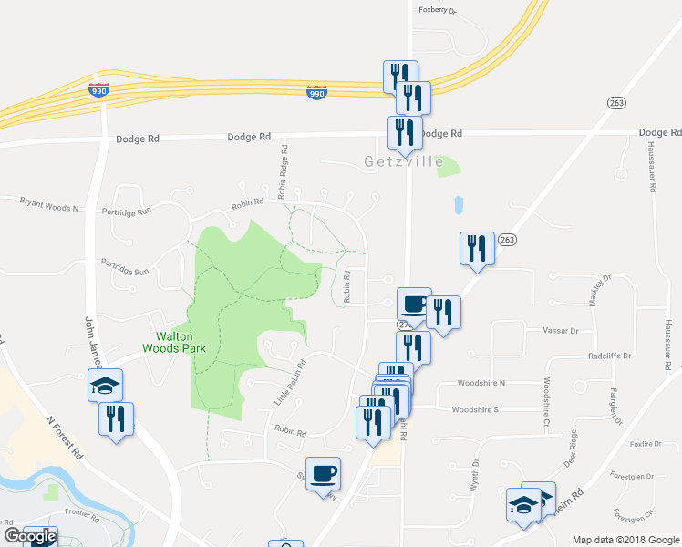 map of restaurants, bars, coffee shops, grocery stores, and more near 750 Robin Road in Buffalo