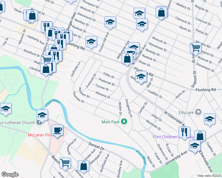 map of restaurants, bars, coffee shops, grocery stores, and more near 2512 Tyrone Street in Flint