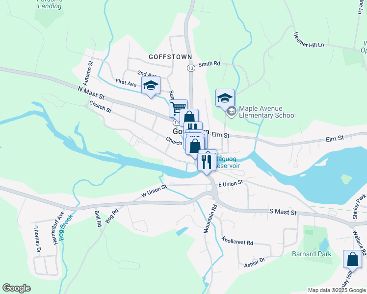 map of restaurants, bars, coffee shops, grocery stores, and more near 2 Church Street in Goffstown