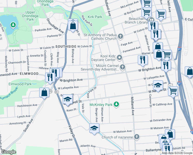 map of restaurants, bars, coffee shops, grocery stores, and more near 508-10 West Brighton Avenue in Syracuse