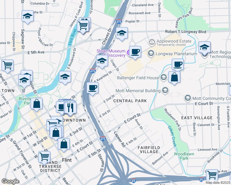 map of restaurants, bars, coffee shops, grocery stores, and more near 517 Avon Street in Flint