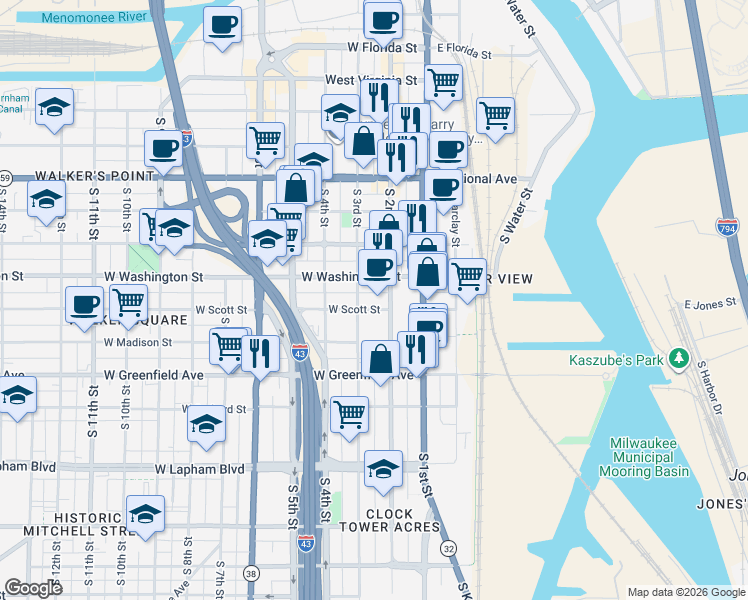 map of restaurants, bars, coffee shops, grocery stores, and more near 218 West Scott Street in Milwaukee