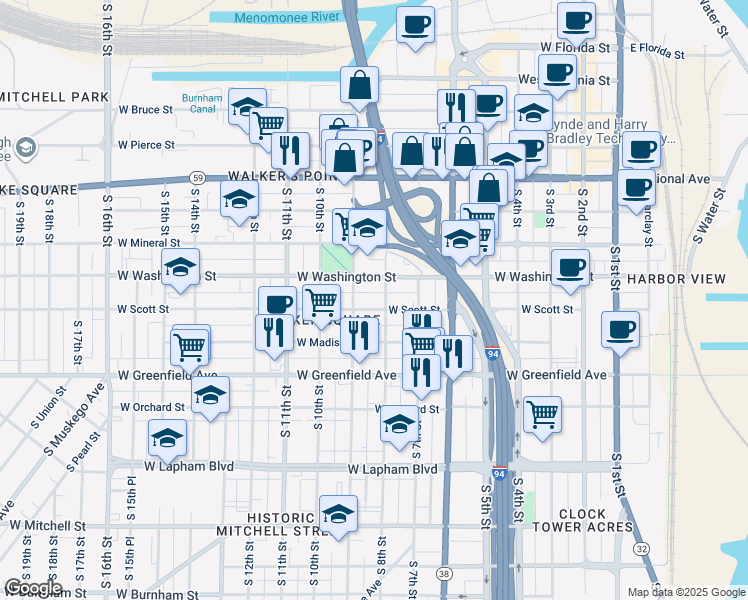 map of restaurants, bars, coffee shops, grocery stores, and more near 801 West Washington Street in Milwaukee