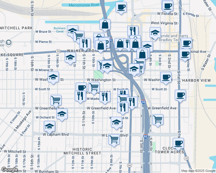 map of restaurants, bars, coffee shops, grocery stores, and more near 1100 South 9th Street in Milwaukee