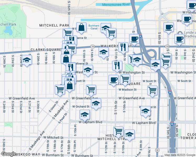 map of restaurants, bars, coffee shops, grocery stores, and more near 1315 West Washington Street in Milwaukee