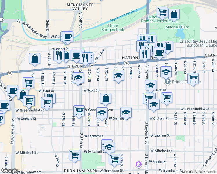 map of restaurants, bars, coffee shops, grocery stores, and more near 1101 South 32nd Street in Milwaukee