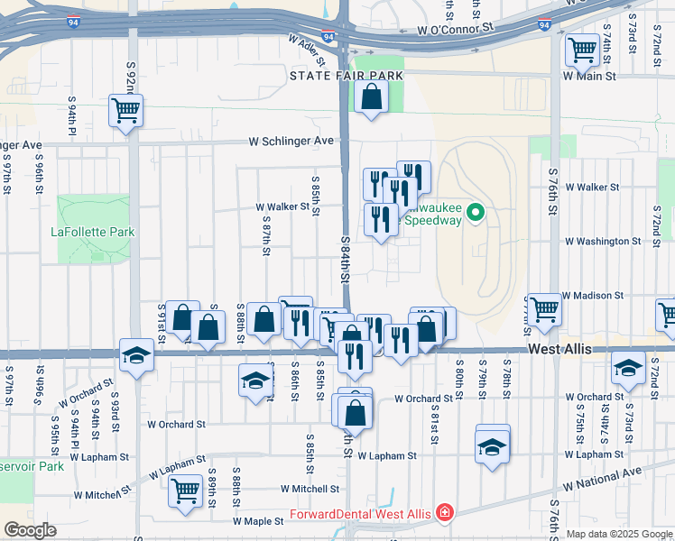 map of restaurants, bars, coffee shops, grocery stores, and more near 1041 South 84th Street in West Allis
