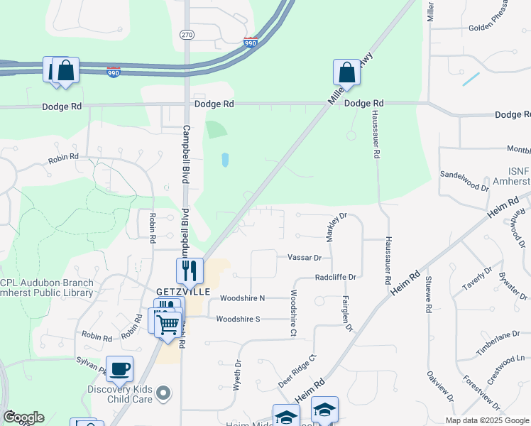 map of restaurants, bars, coffee shops, grocery stores, and more near in Getzville