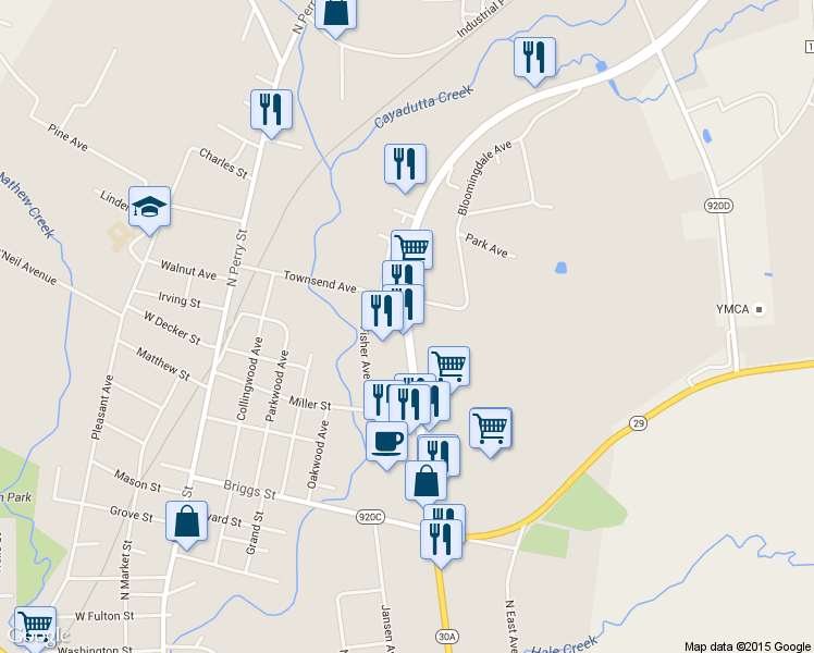 map of restaurants, bars, coffee shops, grocery stores, and more near 285 North Comrie Avenue in Johnstown
