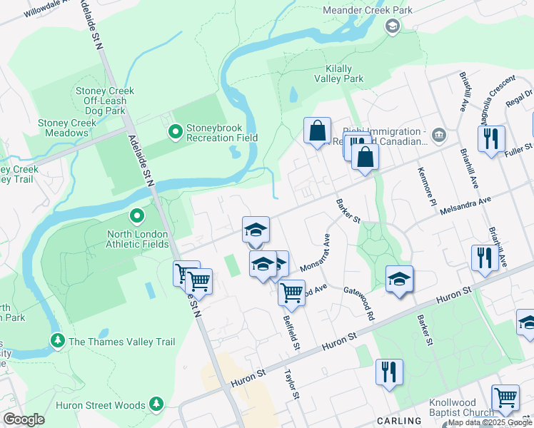 map of restaurants, bars, coffee shops, grocery stores, and more near 880 Kipps Lane in London