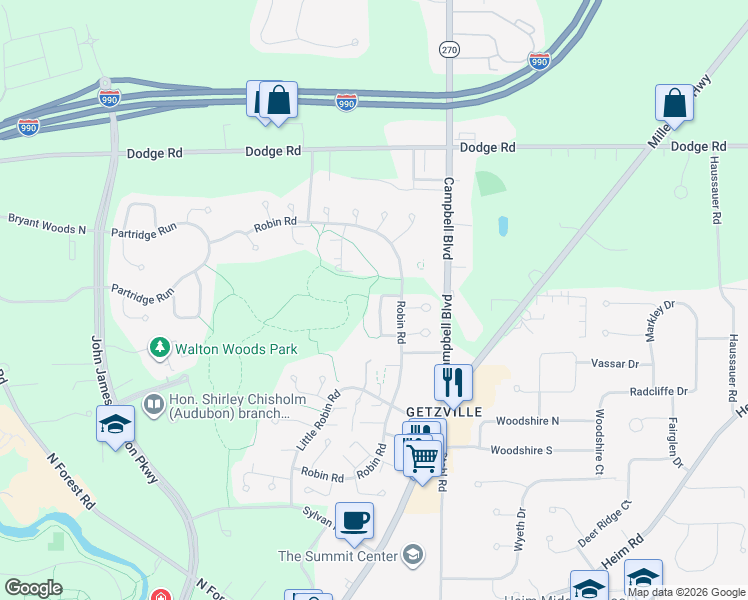 map of restaurants, bars, coffee shops, grocery stores, and more near 752 Robin Road in Buffalo