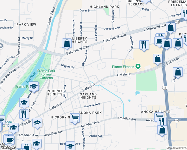 map of restaurants, bars, coffee shops, grocery stores, and more near 1304 Falls Court in Waukesha