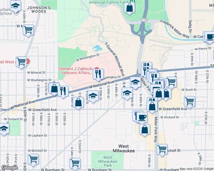 map of restaurants, bars, coffee shops, grocery stores, and more near in Milwaukee