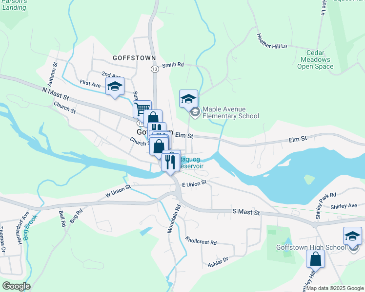 map of restaurants, bars, coffee shops, grocery stores, and more near 12 Reed Street in Goffstown