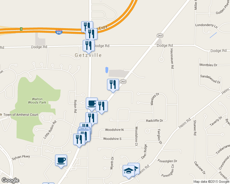 map of restaurants, bars, coffee shops, grocery stores, and more near 2675 Millersport Hwy in Erie