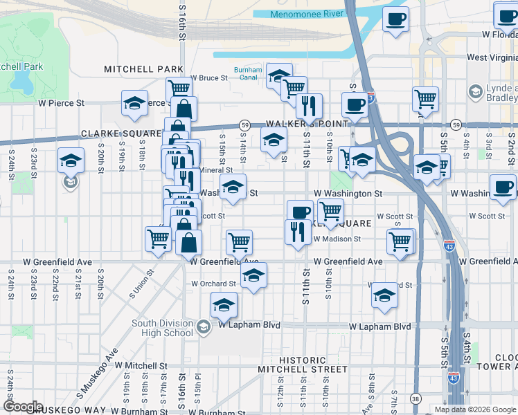 map of restaurants, bars, coffee shops, grocery stores, and more near 1315 West Washington Street in Milwaukee
