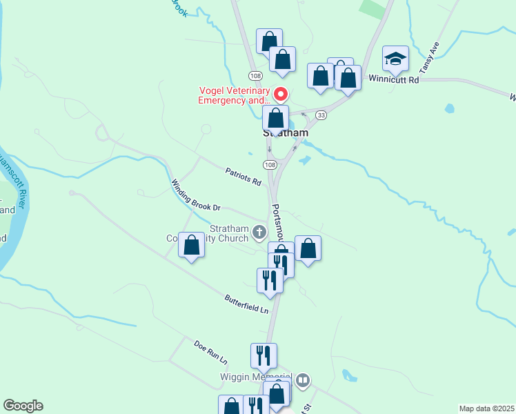 map of restaurants, bars, coffee shops, grocery stores, and more near 3 Patriots Road in Stratham