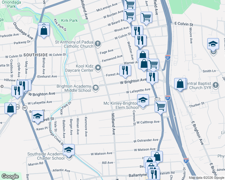 map of restaurants, bars, coffee shops, grocery stores, and more near in Syracuse