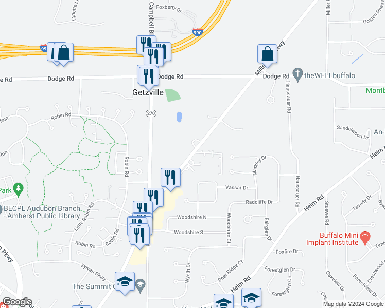 map of restaurants, bars, coffee shops, grocery stores, and more near 300 Campbell Boulevard in Getzville