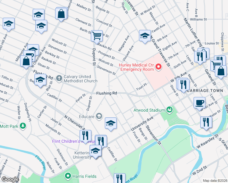 map of restaurants, bars, coffee shops, grocery stores, and more near 1024 Frost Street in Flint