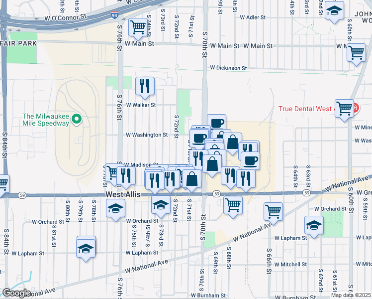 map of restaurants, bars, coffee shops, grocery stores, and more near 1112 South 72nd Street in West Allis