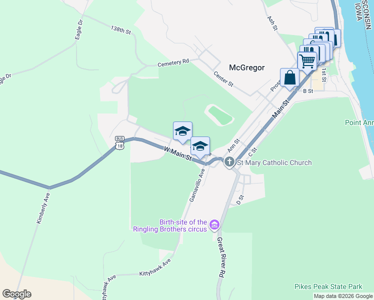 map of restaurants, bars, coffee shops, grocery stores, and more near 501-943 Buell Avenue in McGregor