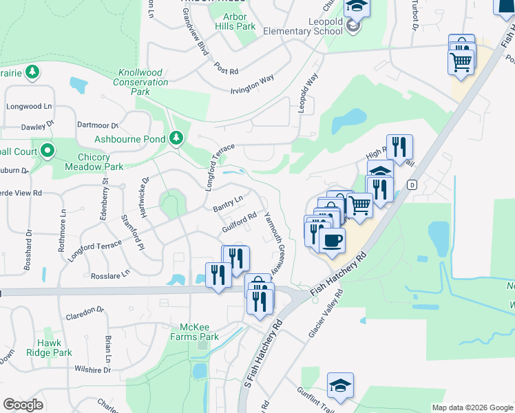 map of restaurants, bars, coffee shops, grocery stores, and more near 5568 Guilford Road in Fitchburg