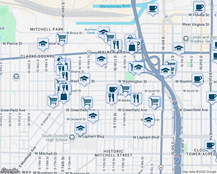 map of restaurants, bars, coffee shops, grocery stores, and more near 1201 West Washington Street in Milwaukee
