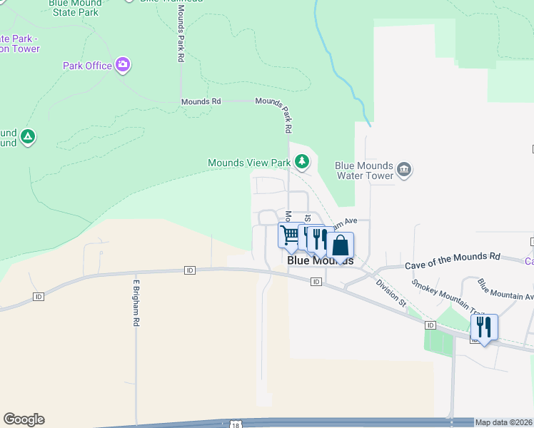 map of restaurants, bars, coffee shops, grocery stores, and more near 60 Apple Hill Drive in Blue Mounds
