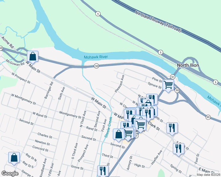 map of restaurants, bars, coffee shops, grocery stores, and more near 162 West North Street in Ilion