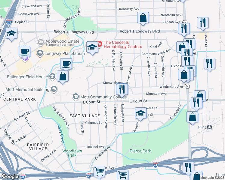 map of restaurants, bars, coffee shops, grocery stores, and more near 720 South Franklin Avenue in Flint