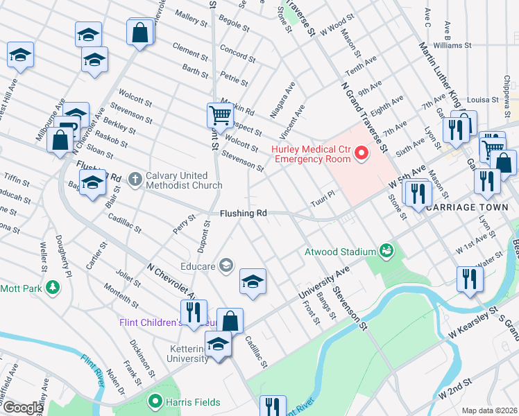 map of restaurants, bars, coffee shops, grocery stores, and more near 1024 Frost Street in Flint
