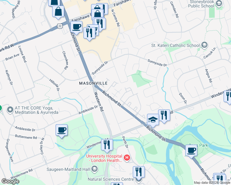 map of restaurants, bars, coffee shops, grocery stores, and more near 1548 Richmond Street in London