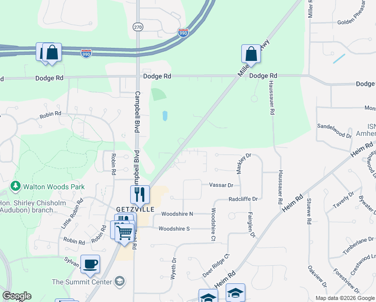map of restaurants, bars, coffee shops, grocery stores, and more near Stonington Lane in Getzville