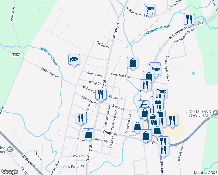 map of restaurants, bars, coffee shops, grocery stores, and more near 1 Irving Street in Johnstown