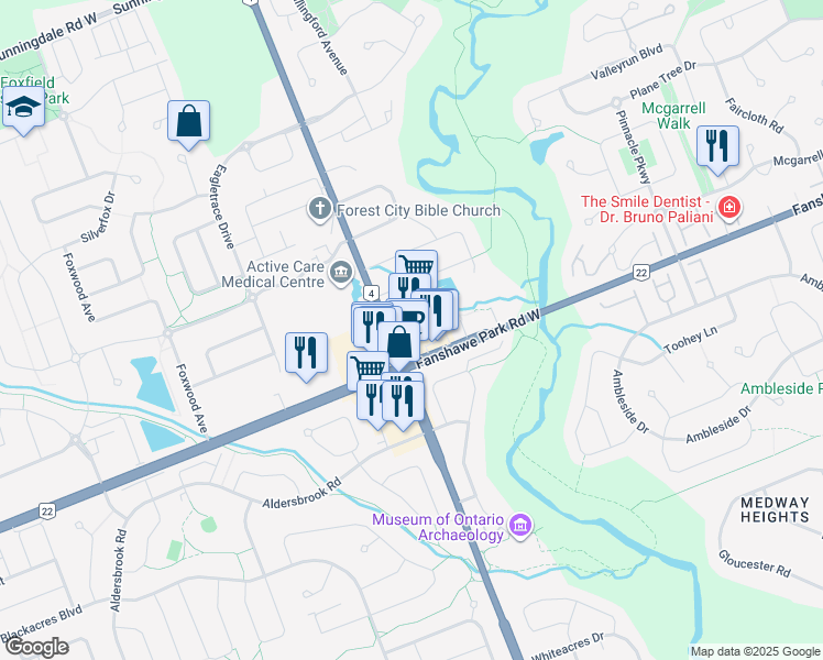 map of restaurants, bars, coffee shops, grocery stores, and more near 595 Fanshawe Park Road West in London