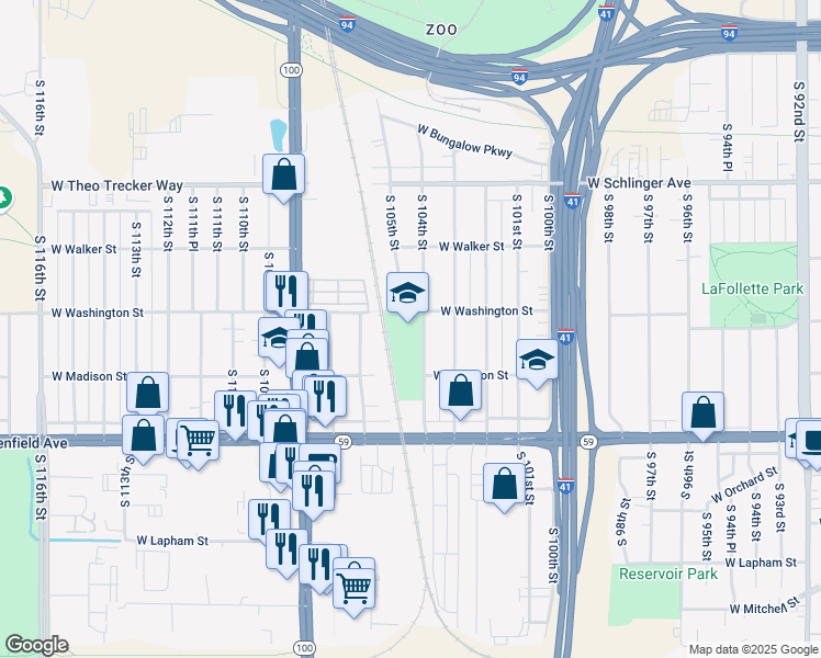 map of restaurants, bars, coffee shops, grocery stores, and more near 1117 South 104th Street in West Allis