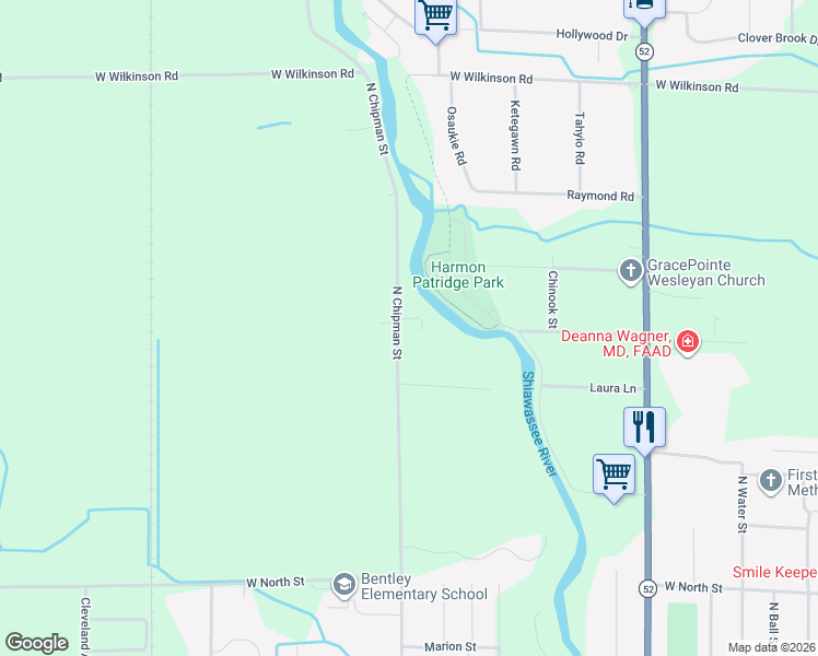 map of restaurants, bars, coffee shops, grocery stores, and more near 1596 North Chipman Road in Owosso