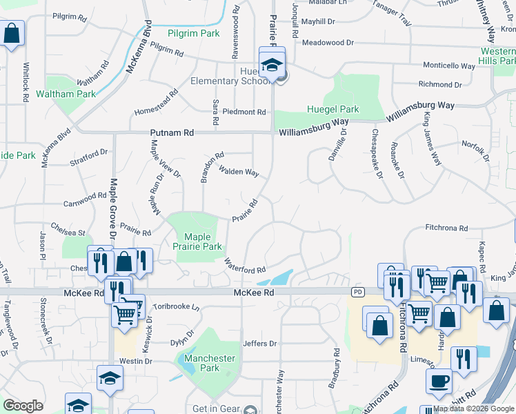 map of restaurants, bars, coffee shops, grocery stores, and more near 2914 Prairie Road in Madison