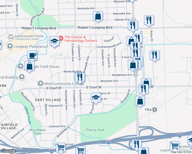map of restaurants, bars, coffee shops, grocery stores, and more near 2201 Windemere Avenue in Flint