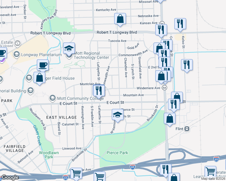 map of restaurants, bars, coffee shops, grocery stores, and more near 2109 Windemere Avenue in Flint