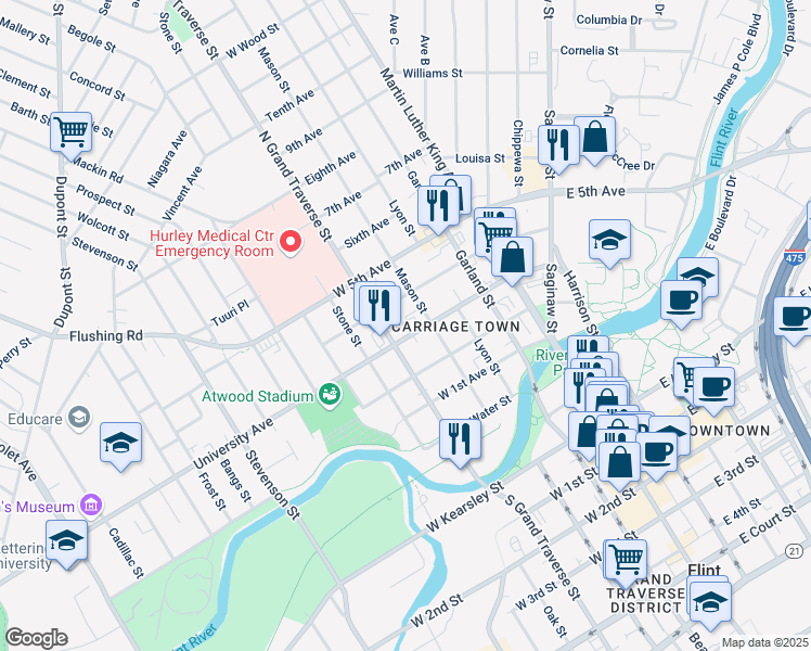 map of restaurants, bars, coffee shops, grocery stores, and more near 427 West 4th Avenue in Flint