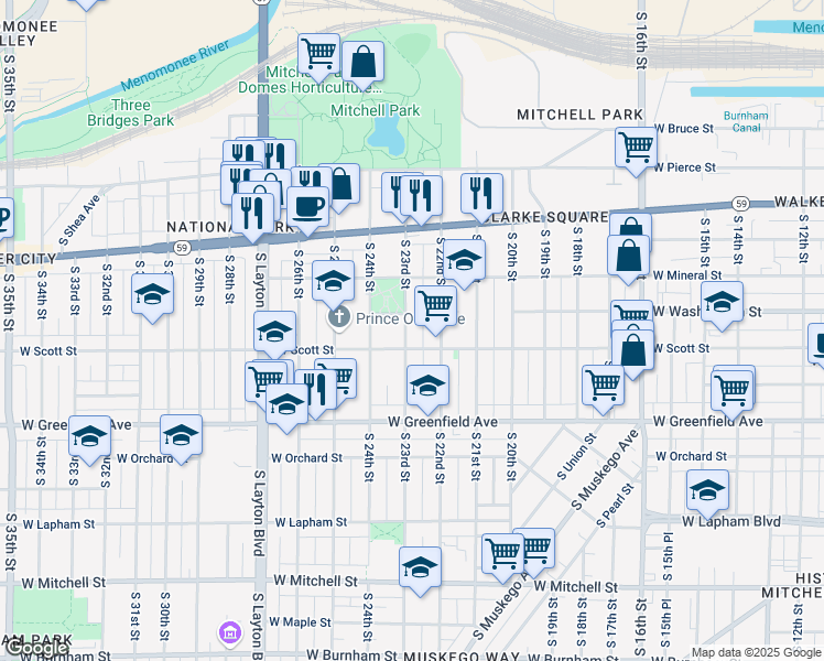 map of restaurants, bars, coffee shops, grocery stores, and more near 1046 South 23rd Street in Milwaukee