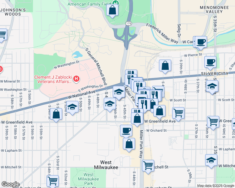map of restaurants, bars, coffee shops, grocery stores, and more near 1101 Miller Park Way in West Milwaukee