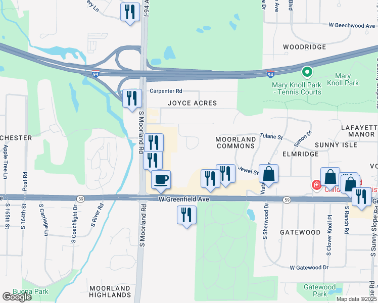 map of restaurants, bars, coffee shops, grocery stores, and more near 15185 Casey Circle in Brookfield