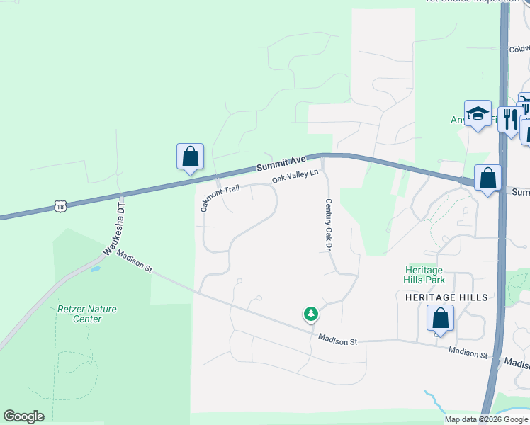 map of restaurants, bars, coffee shops, grocery stores, and more near 505 Wynnewood Court in Waukesha