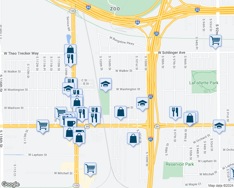 map of restaurants, bars, coffee shops, grocery stores, and more near 1119 South 103rd Street in West Allis