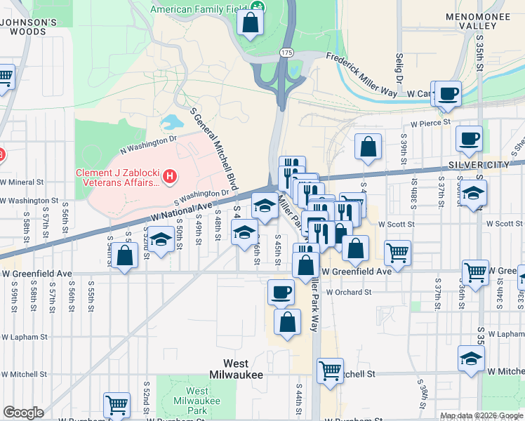 map of restaurants, bars, coffee shops, grocery stores, and more near 1101 Miller Park Way in West Milwaukee